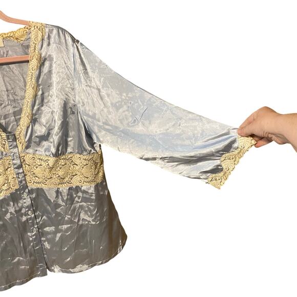 VTG Laura Ashley London 3-Piece Satin Lounge Set Robe Top Pants Blue Lace Large - Picture 13 of 15